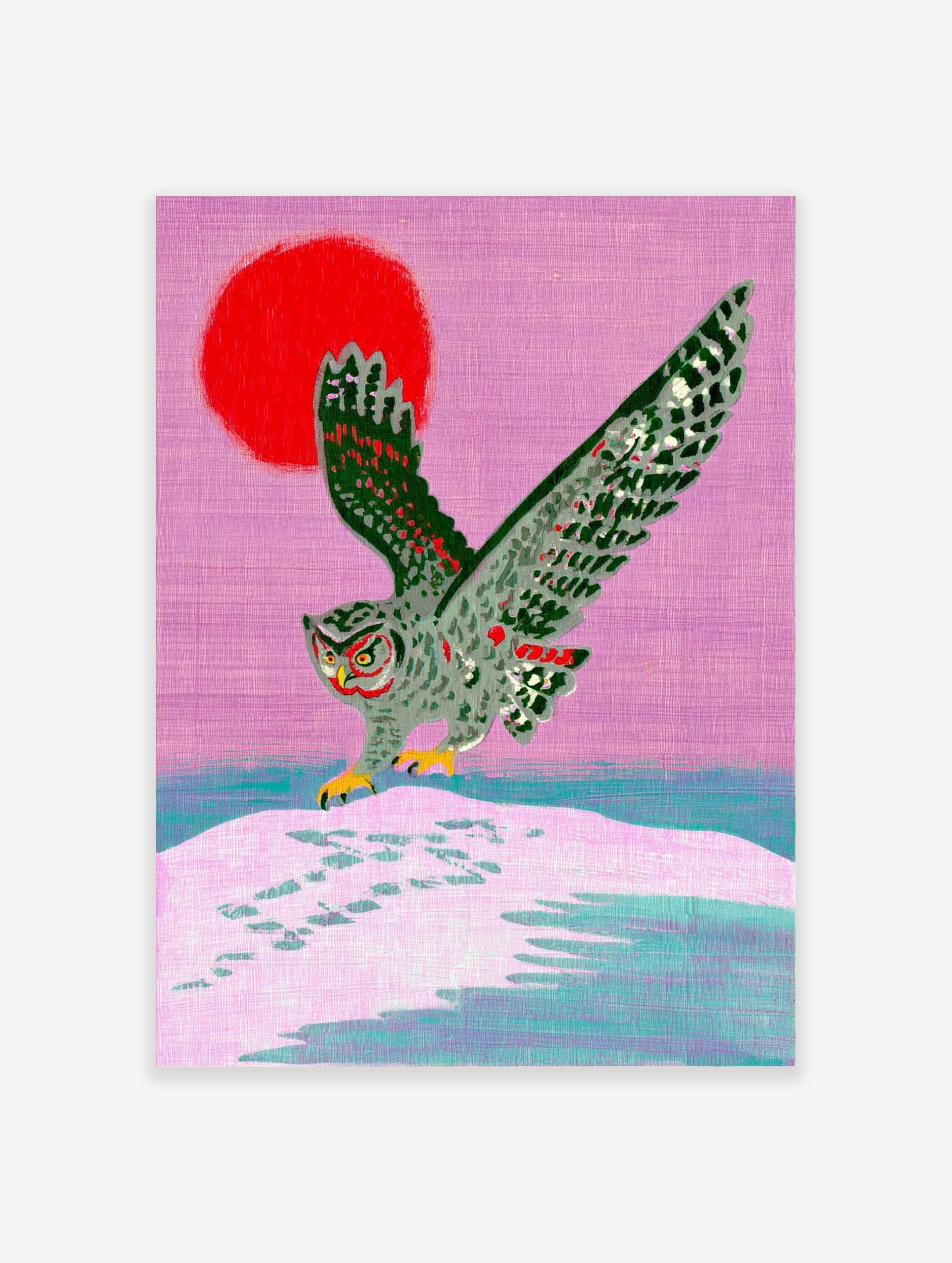 Illustrative grey owl landing on snow with red sun and pink sky art print