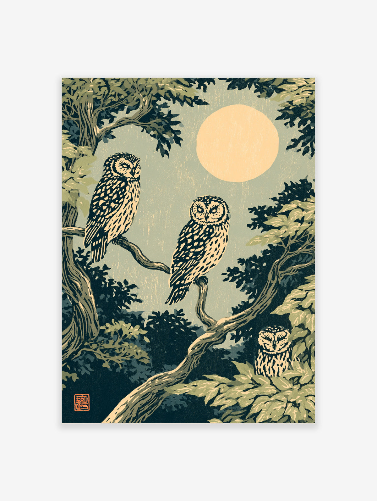 Owl moon poster with three owls on branches beneath a full moon in Japanese woodblock style