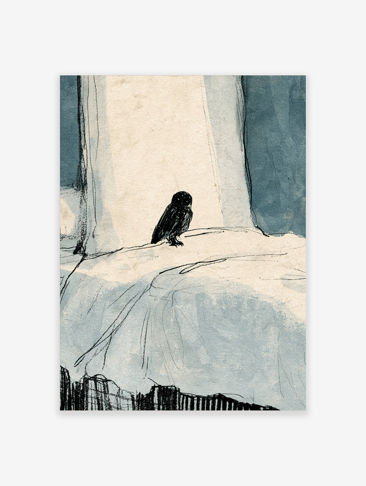 Minimalist owl on branch art print with black ink brushstrokes and blue-grey washes on cream background