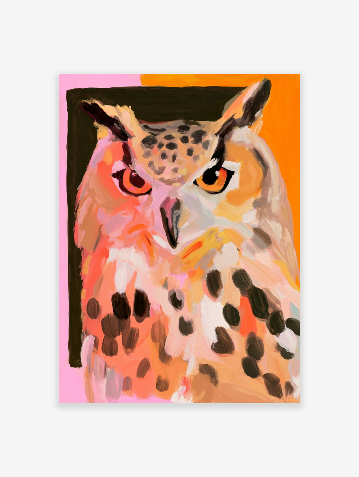 Colourful owl portrait print with pink and orange face, dark spots, and bright orange eyes