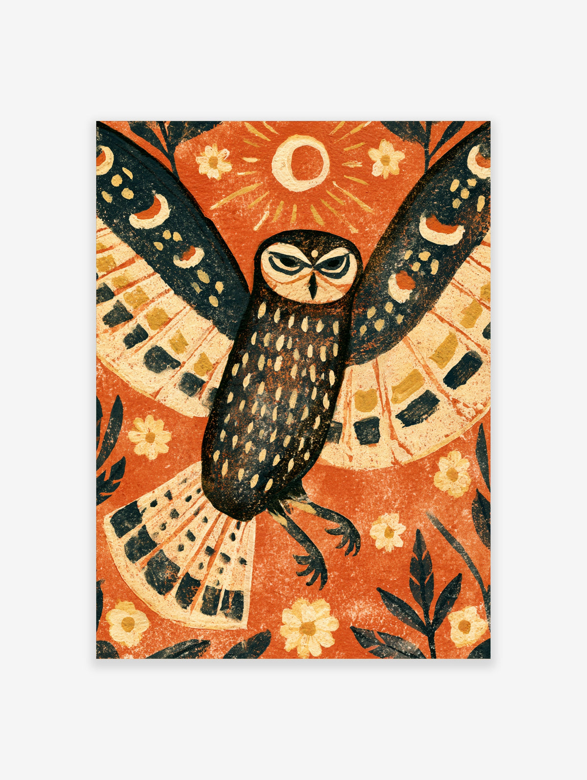 Folk art owl poster with outstretched wings and cream spots on orange background