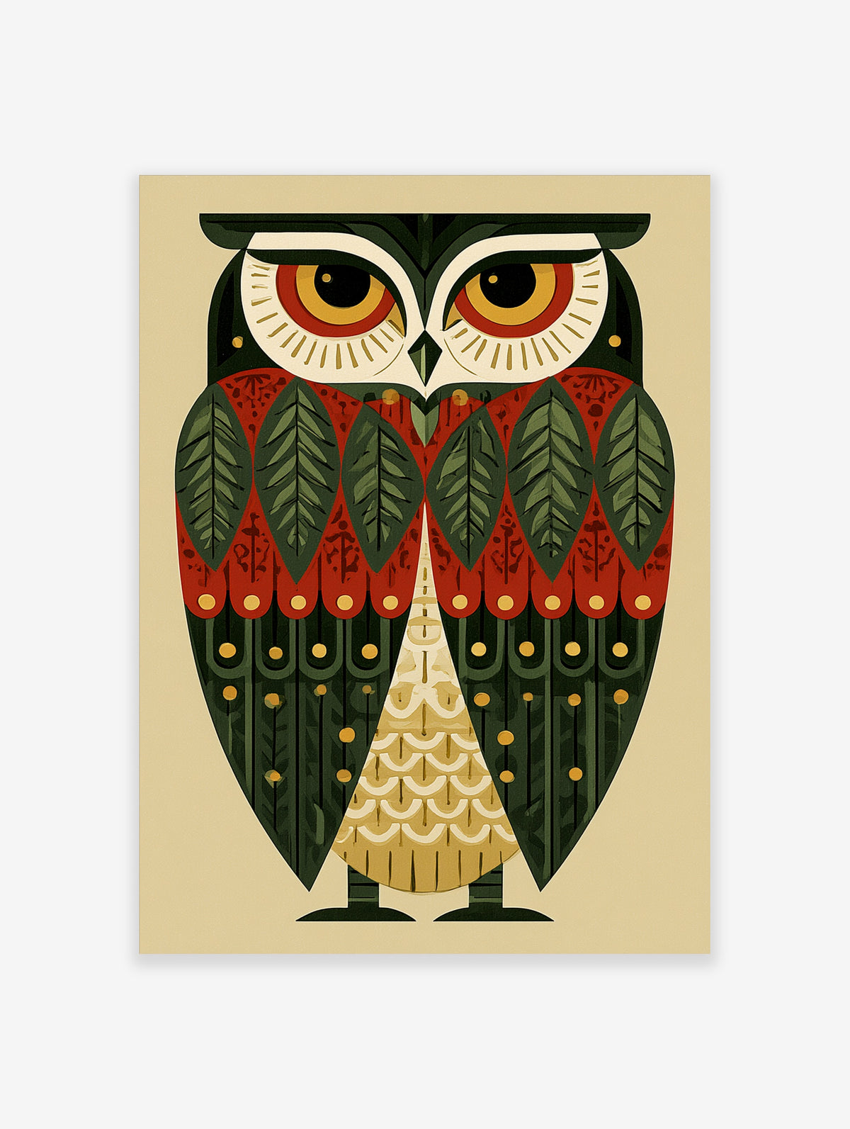 Geometric owl poster with leaf-patterned wings and gold eyes on a beige background