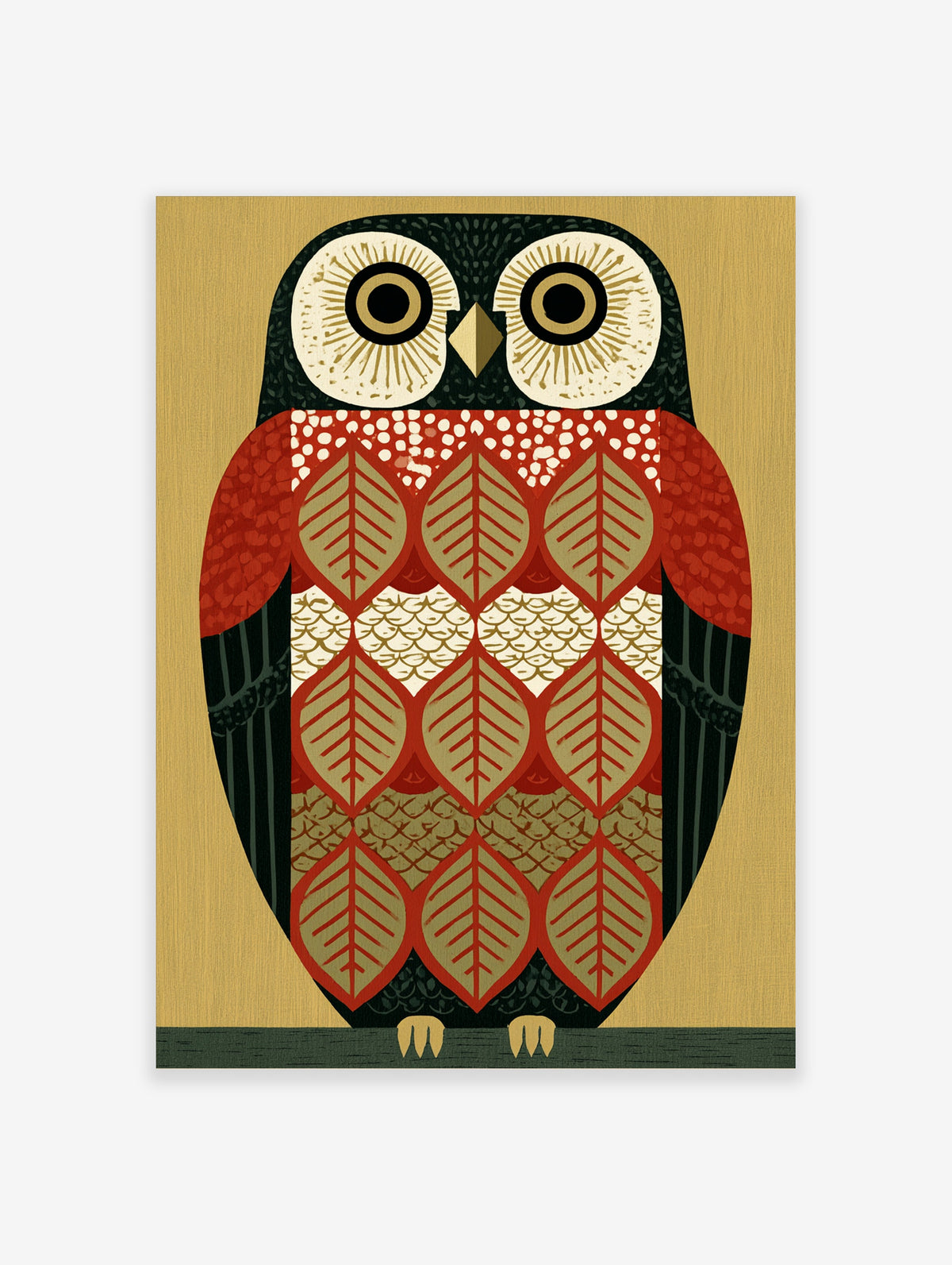 Geometric owl poster with round eyes, triangular beak, and leaf patterns in red, black, and gold
