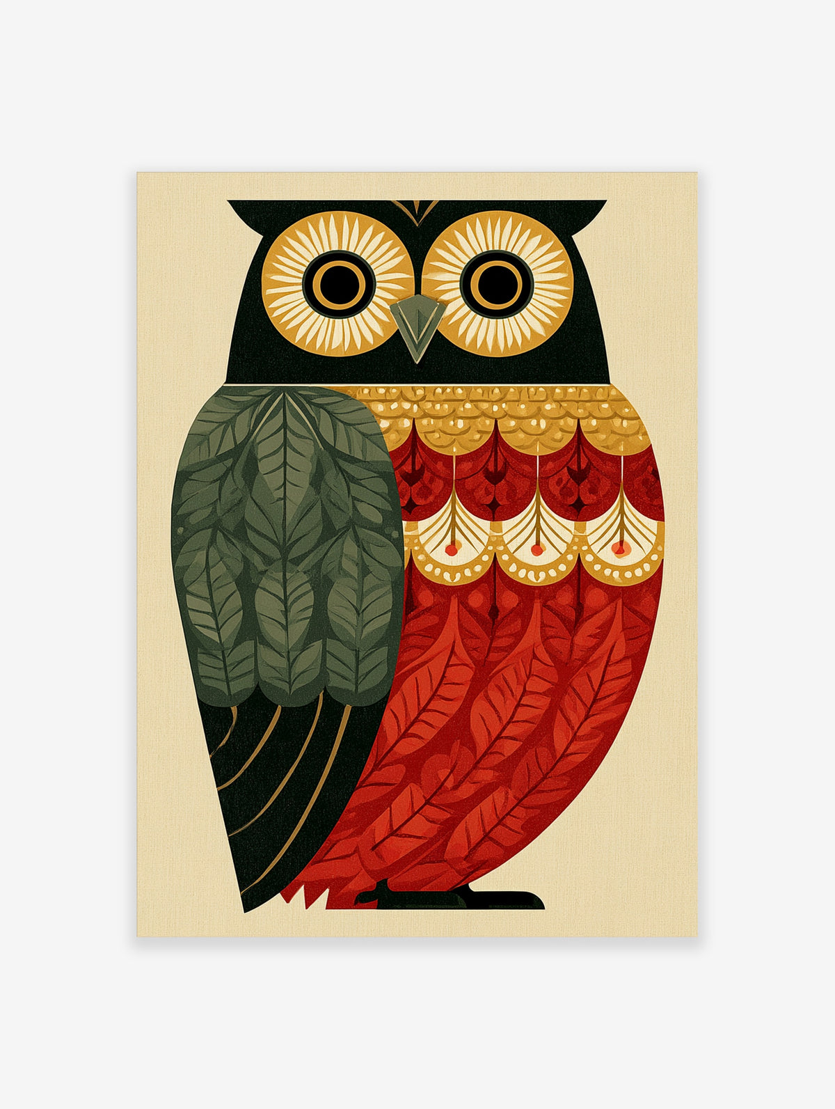Geometric owl poster with green leaf and red feather patterns on cream background