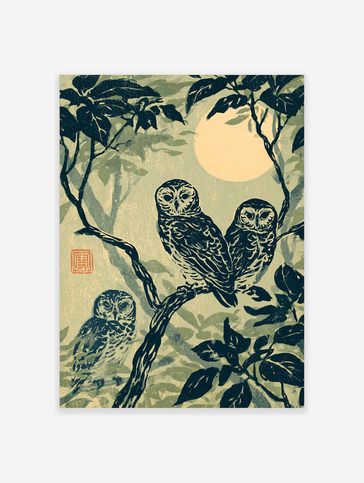 Japanese woodblock style owl poster with three owls on branches, sage green leaves, and a pale moon