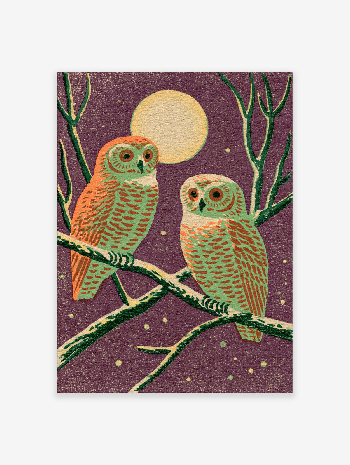 Two green and orange owls on branches under a full moon in a purple night sky art print