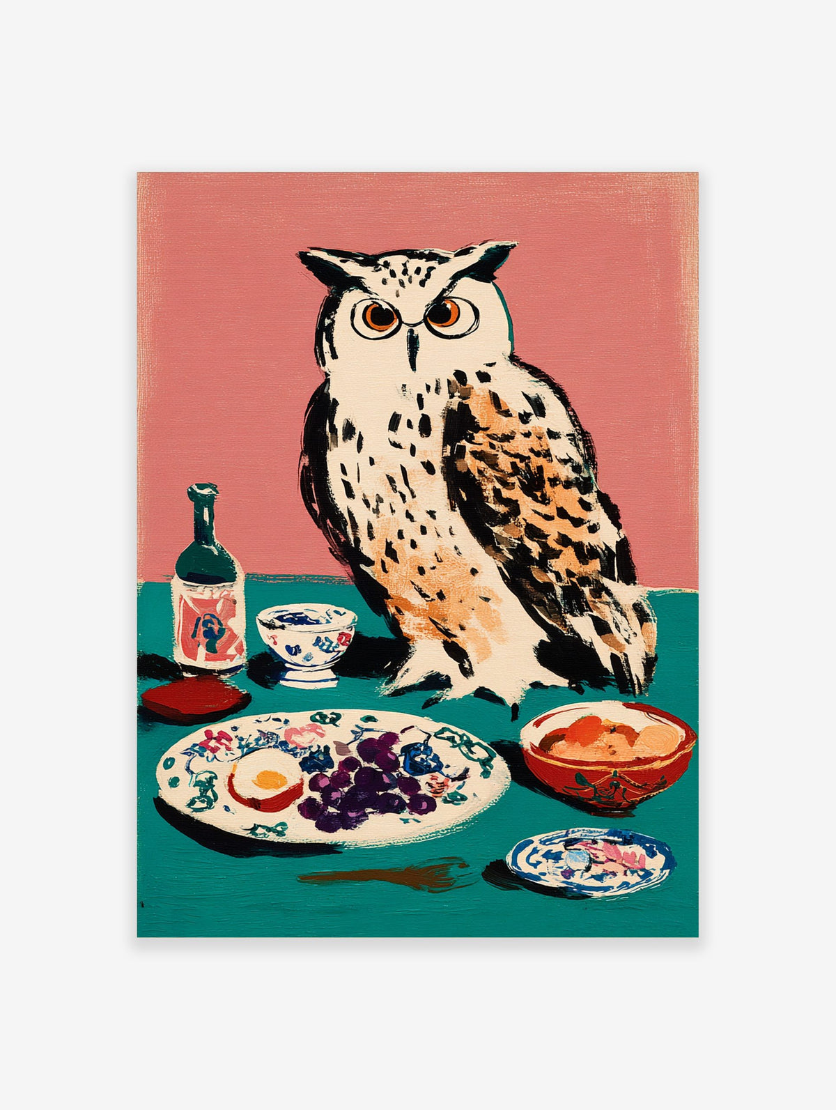 Illustrative art print of a white owl with orange eyes next to a table with grapes, egg, and a bottle