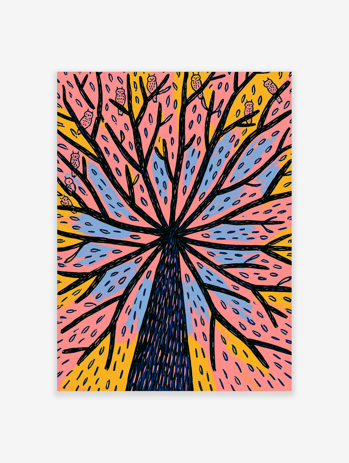 Owl tree wall art with black branches, pink, blue, yellow background, and small owls