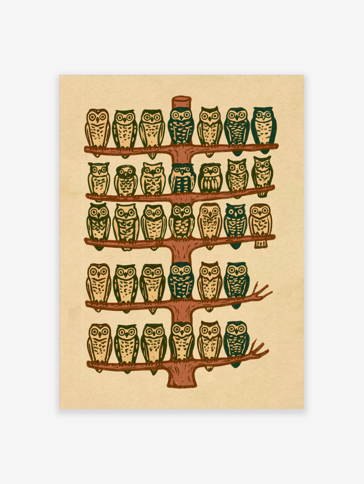Illustrated owl tree wall art with rows of green and cream owls on branches