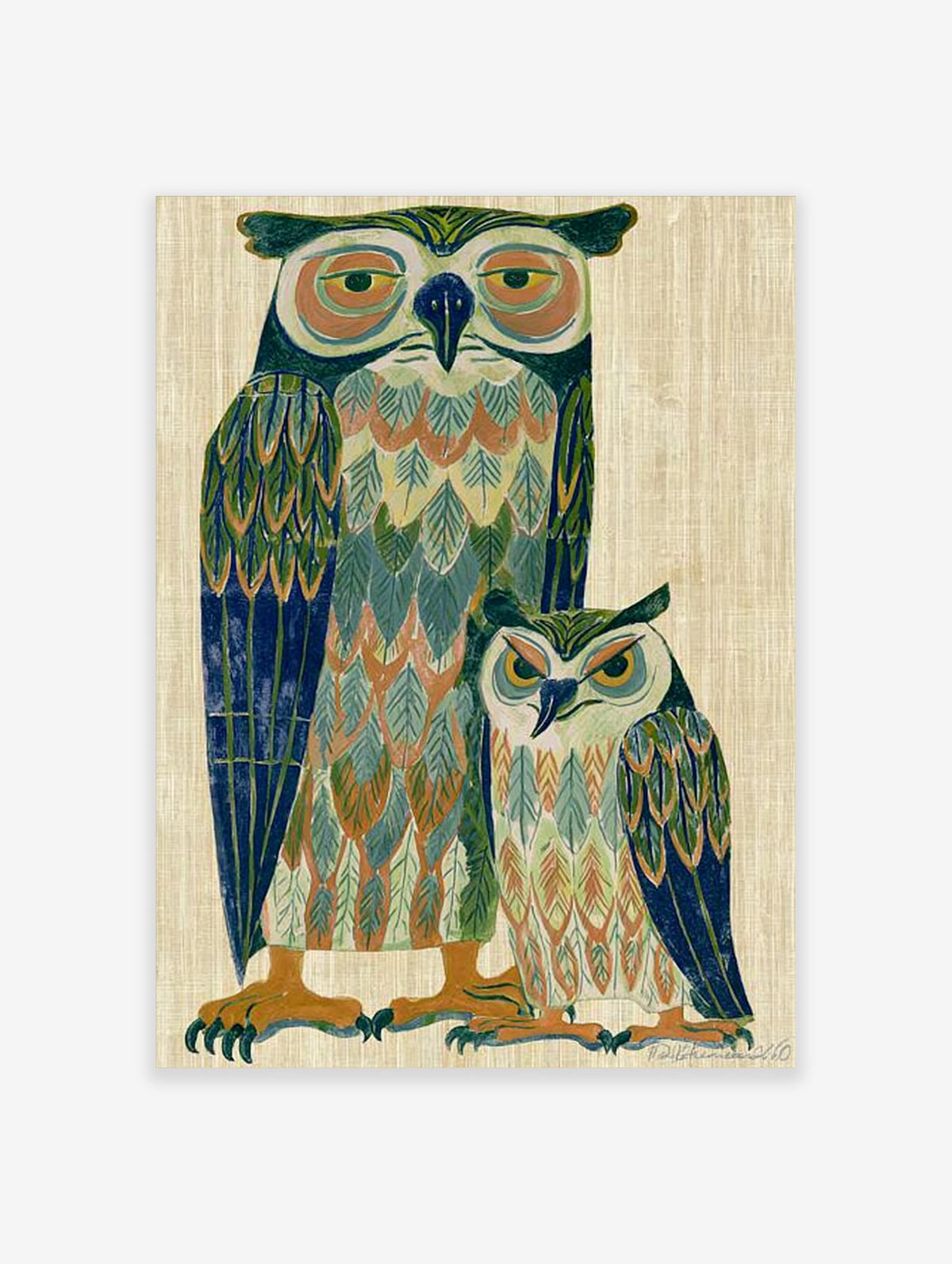 Stylised owl wall art print with two patterned owls in blue, green, and orange on a beige background