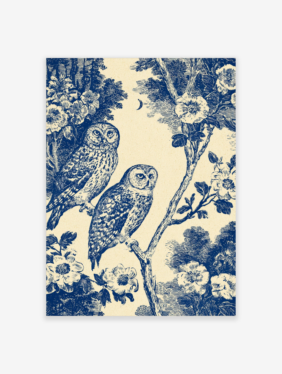 Blue and white owl art print with two owls on a flowering branch and a crescent moon