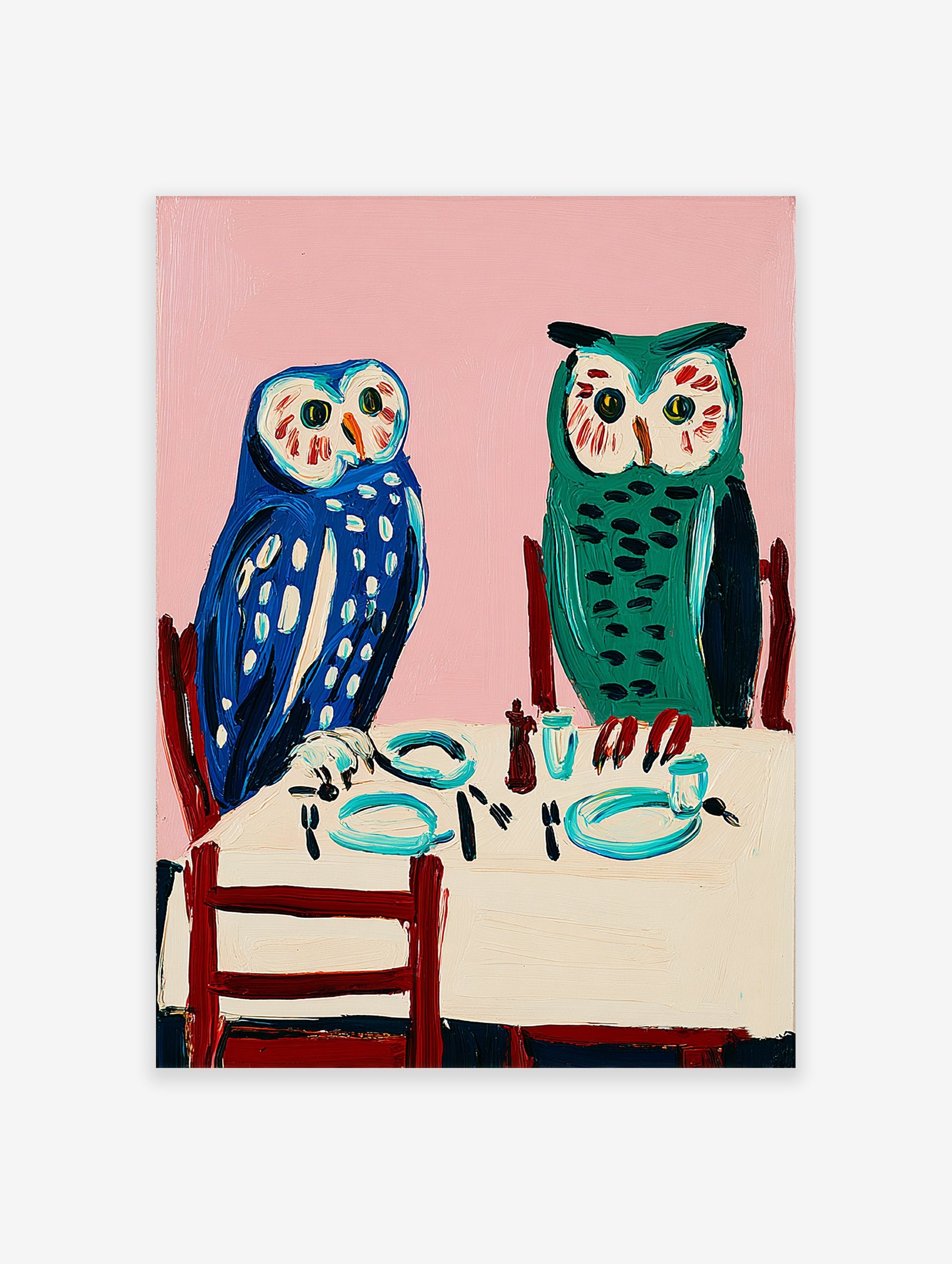 Owl wall art painting featuring two blue and green owls seated at a dining table with a pink background.