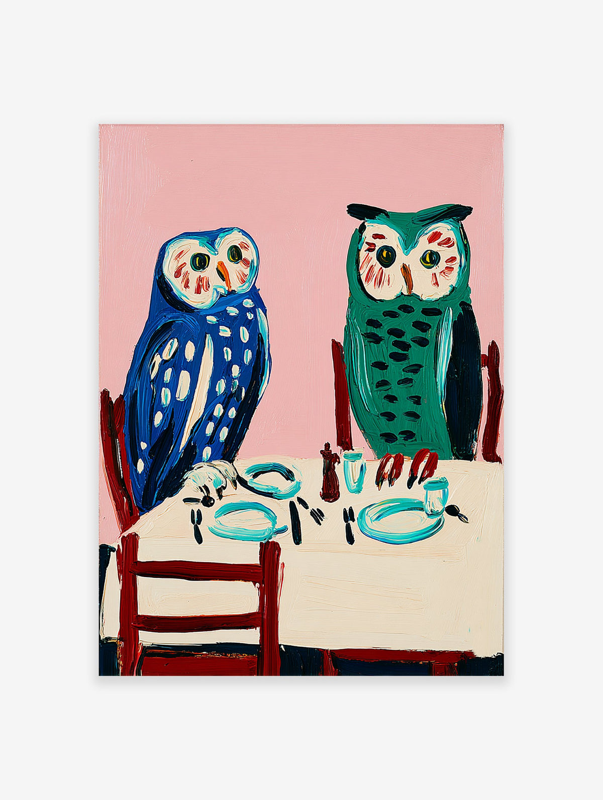 Owl wall art painting featuring two blue and green owls seated at a dining table with a pink background.