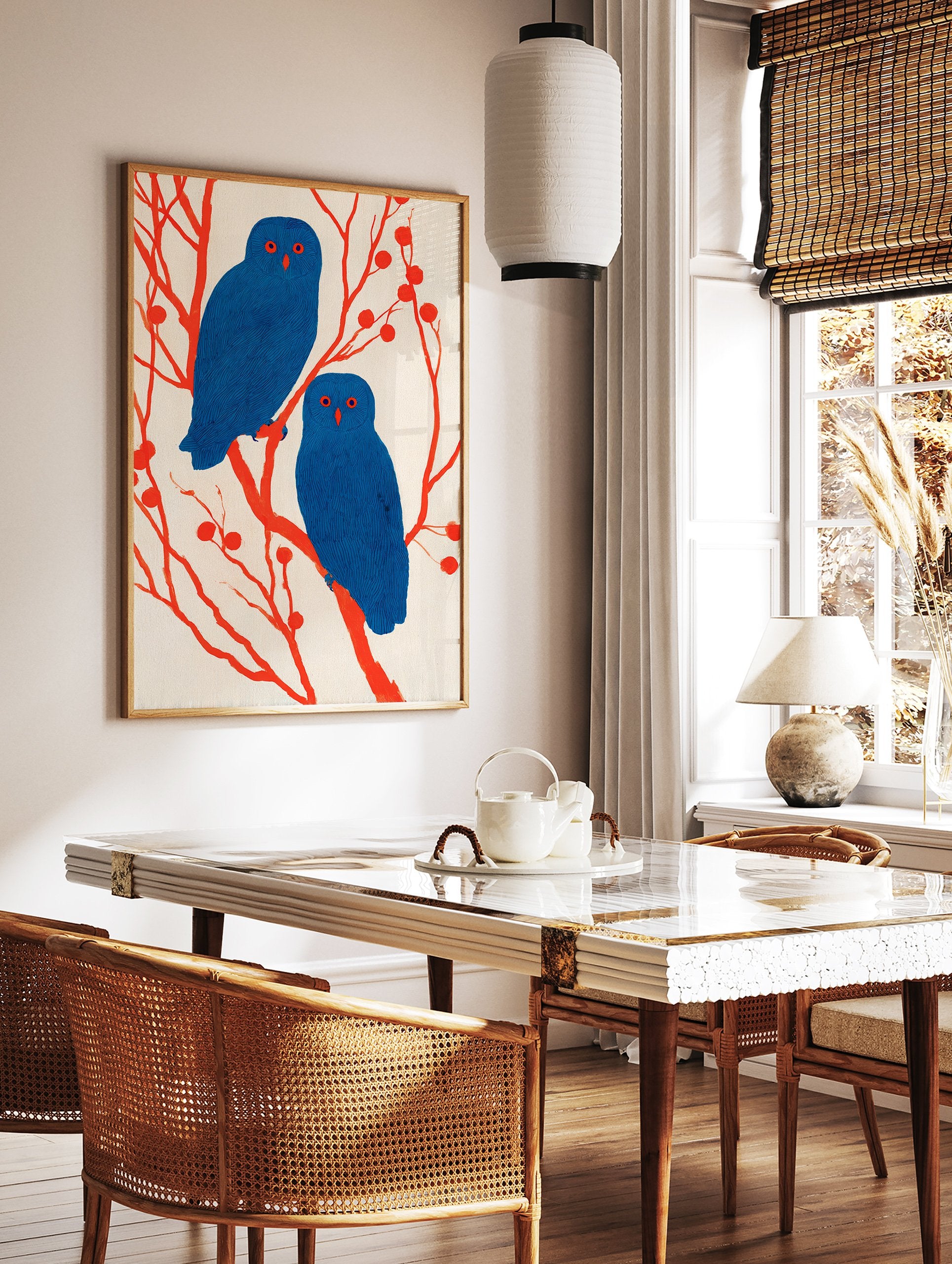 Illustrative owl wall art featuring two blue owls with red eyes perched on red branches with berries against a light background. - Image 2