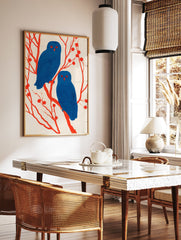Illustrative owl wall art featuring two blue owls with red eyes perched on red branches with berries against a light background. - Image 2