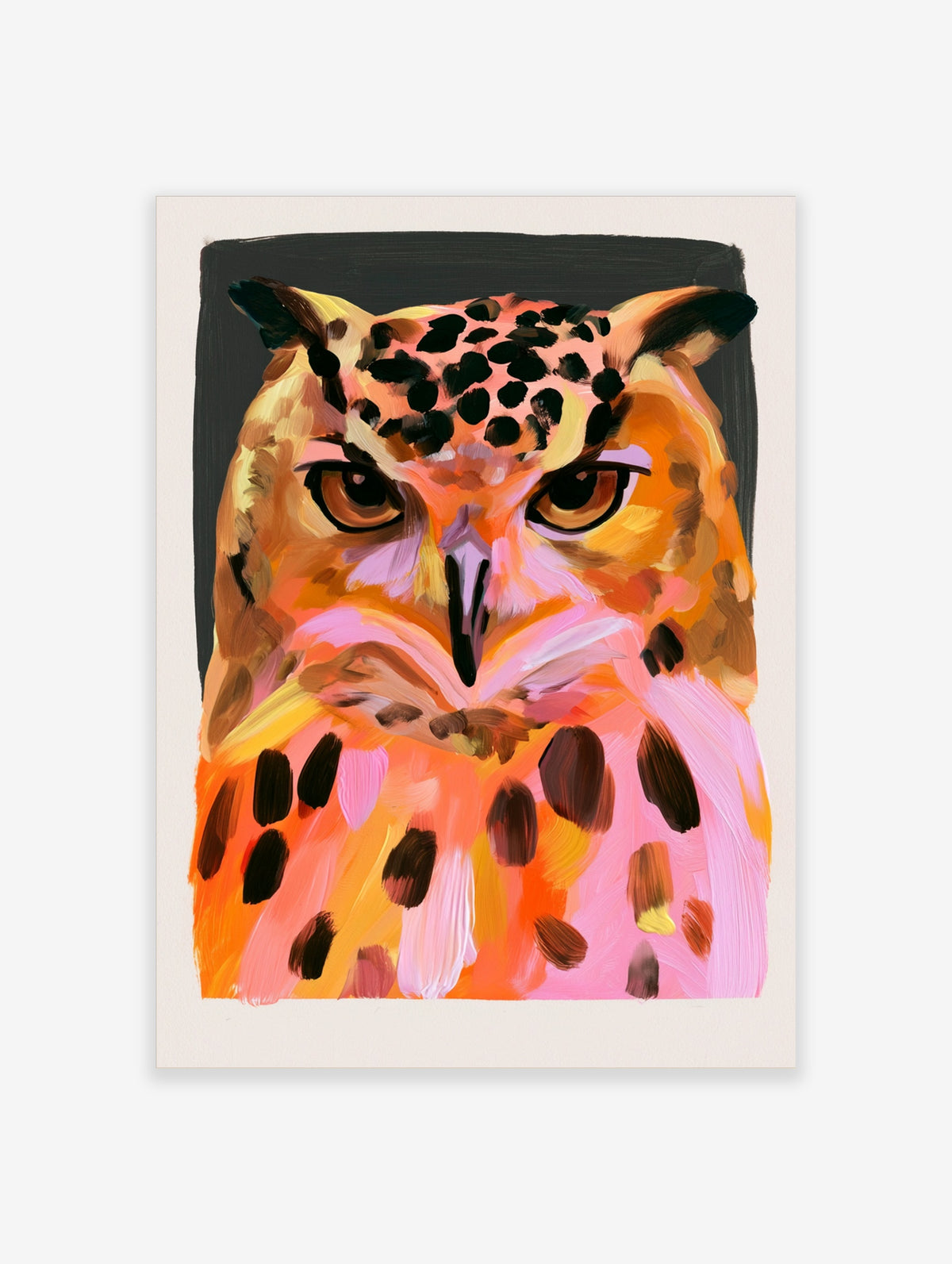 Colourful owl portrait print with pink and orange feathers and black spots on a dark background