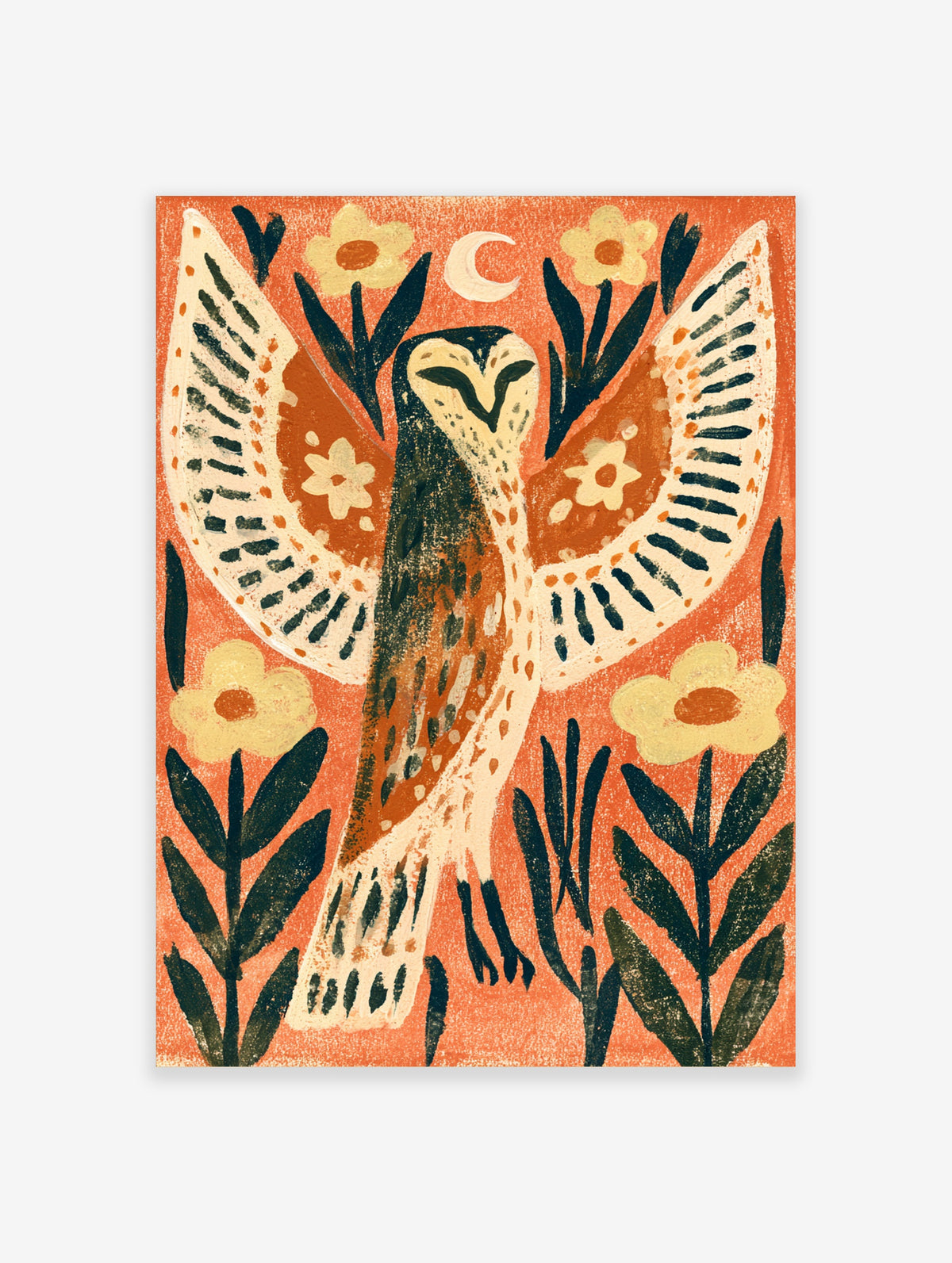 Owl art print with cream wings, dark feathers, yellow flowers, and a crescent moon on an orange background