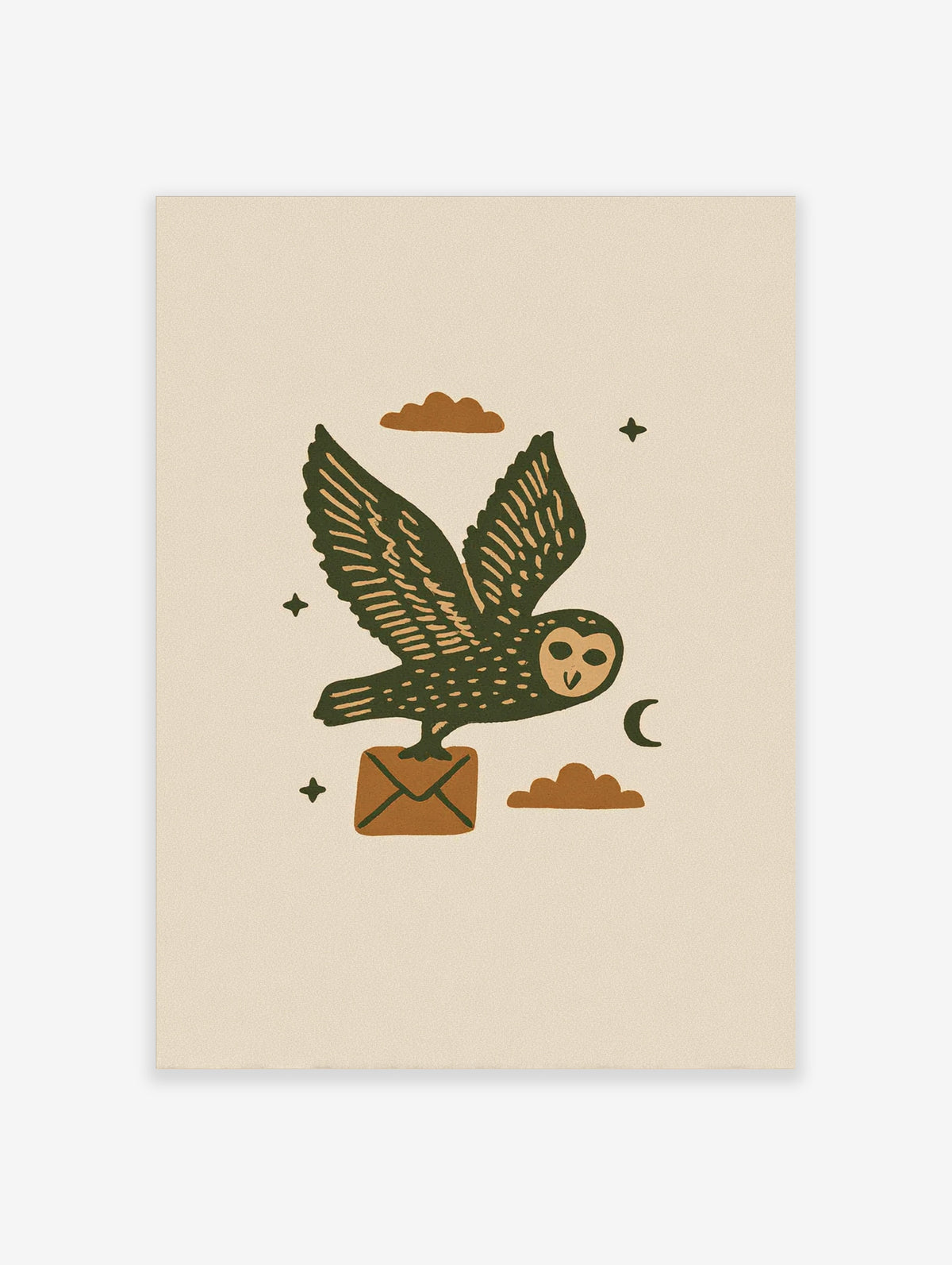 Green owl flying with a brown envelope, stars, clouds and a crescent moon on a beige background
