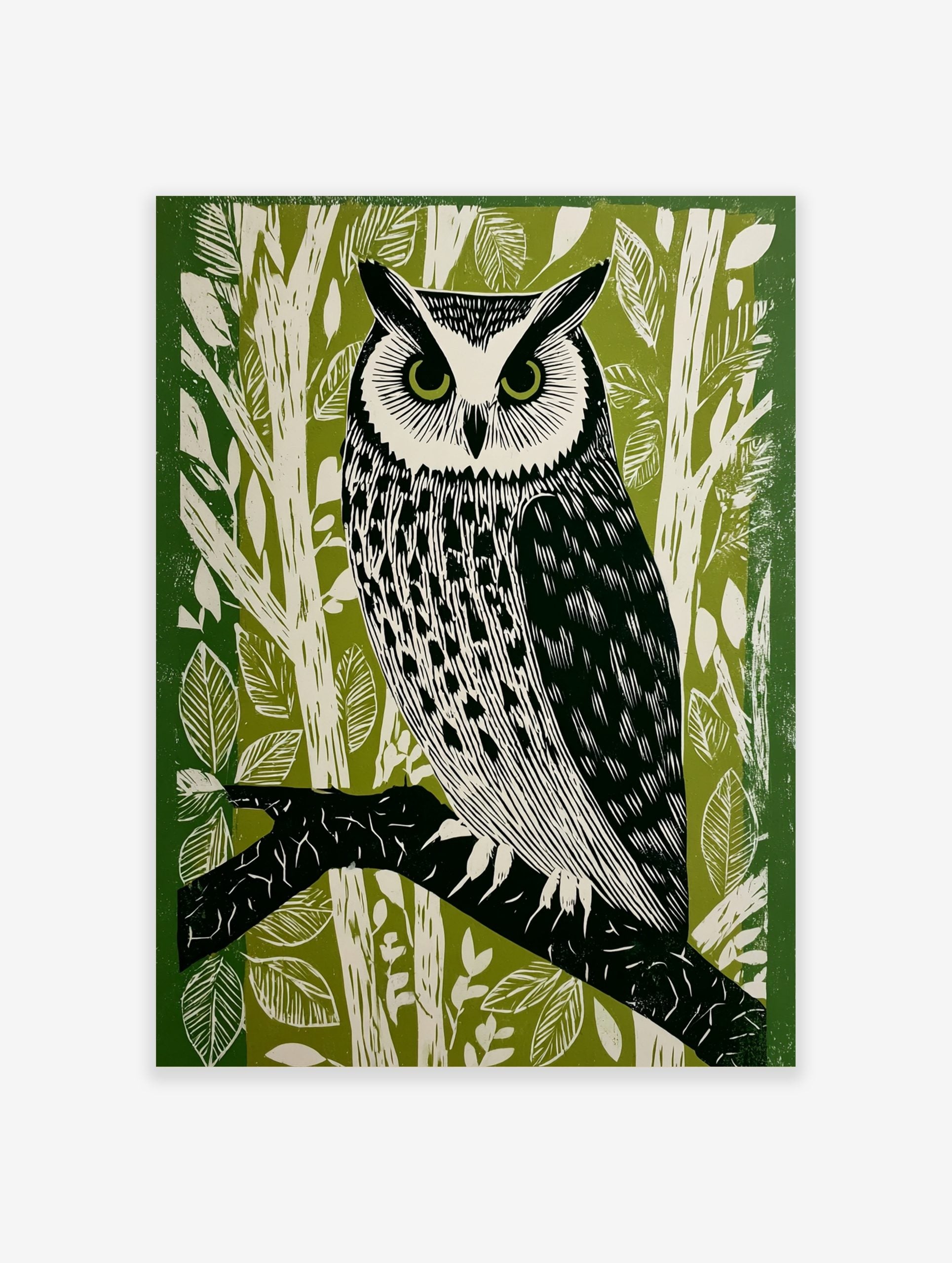 Illustrative long-eared owl perched on a branch, green and white forest background linocut style print