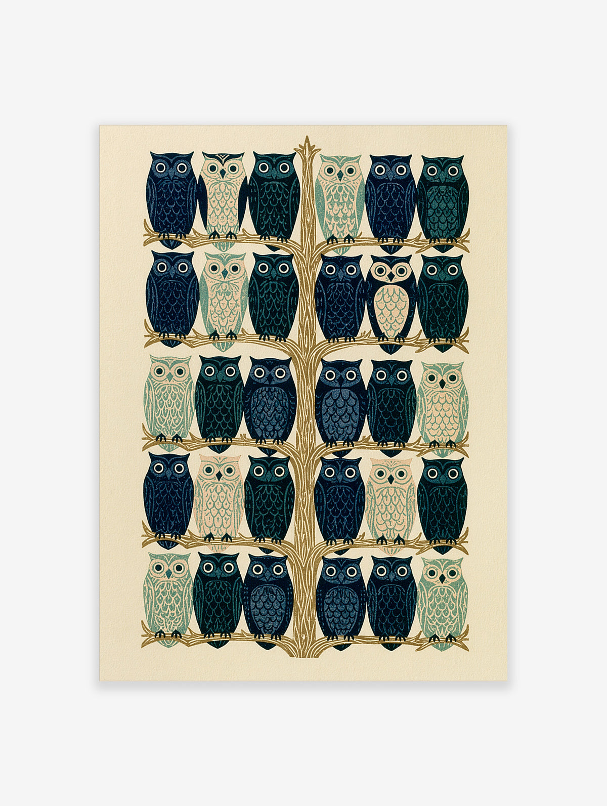 Illustrated owl wall art with symmetrical tree and 30 stylised blue, teal, and beige owls on cream background