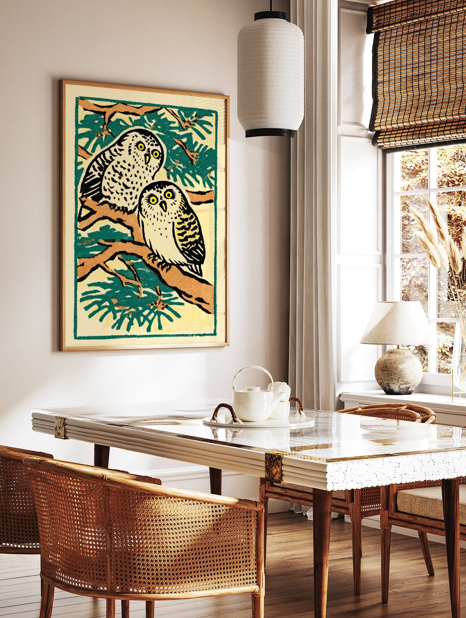 Illustrative owl wall art print featuring two white owls with yellow eyes perched on brown tree branches with green foliage. - Image 2