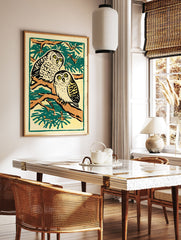 Illustrative owl wall art print featuring two white owls with yellow eyes perched on brown tree branches with green foliage. - Image 2