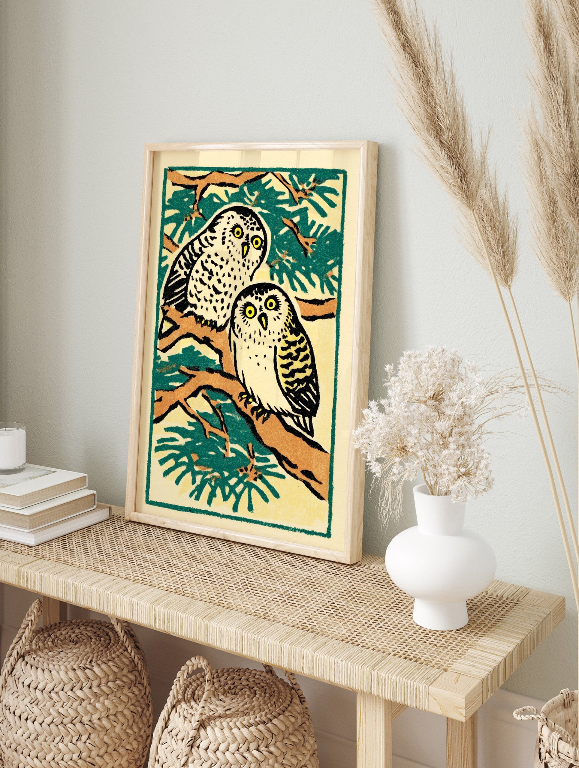 Illustrative owl wall art print featuring two white owls with yellow eyes perched on brown tree branches with green foliage. - Image 3