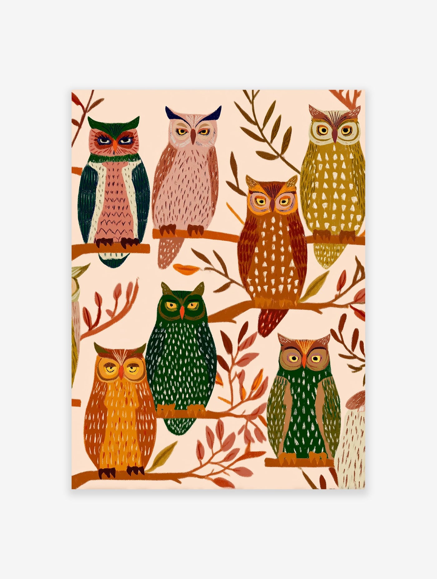 Illustrative print featuring multiple colorful owls perched on branches with autumn leaves on a light background, owl wall art.