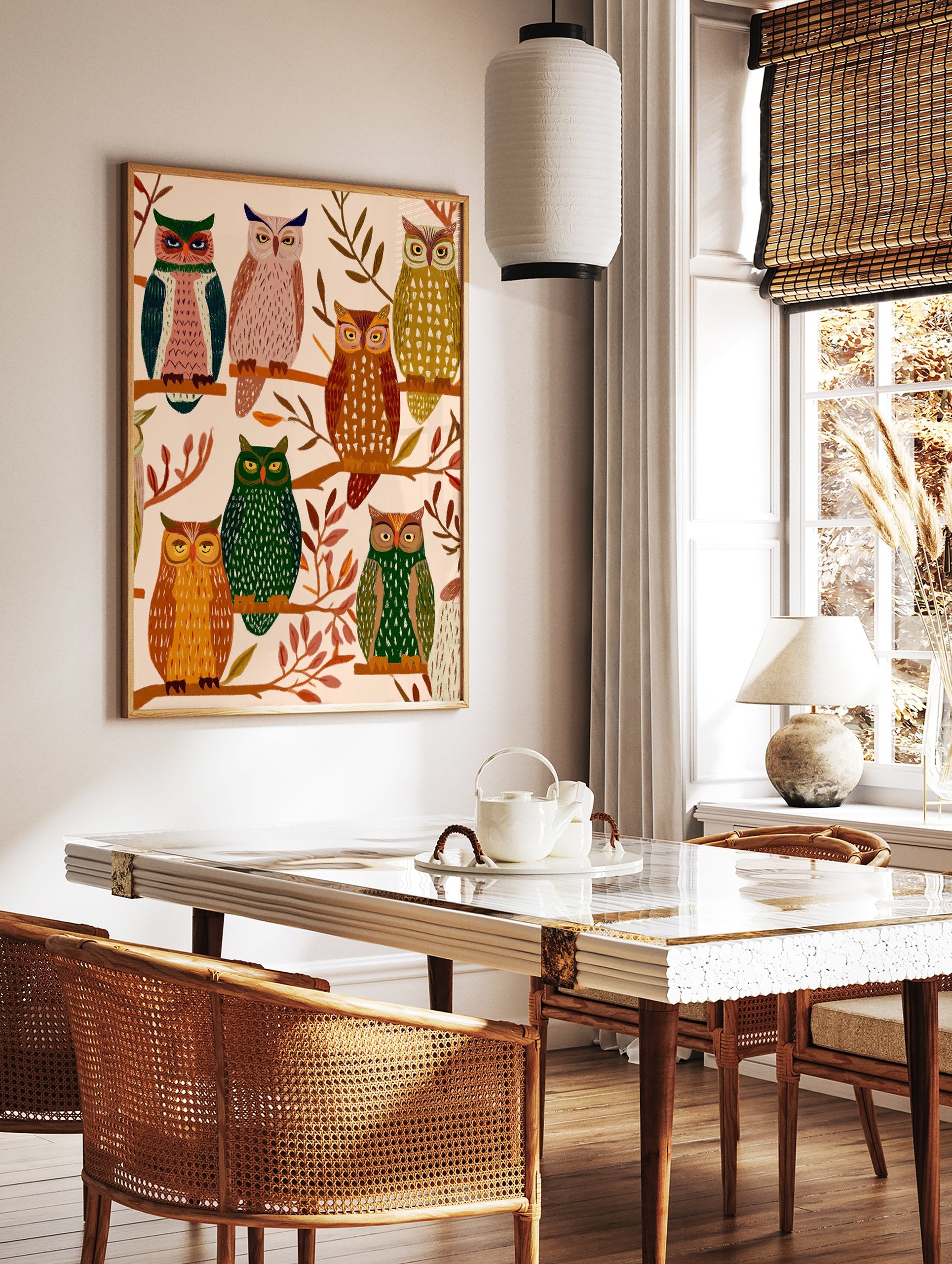 Illustrative print featuring multiple colorful owls perched on branches with autumn leaves on a light background, owl wall art. - Image 2