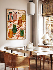 Illustrative print featuring multiple colorful owls perched on branches with autumn leaves on a light background, owl wall art. - Image 2