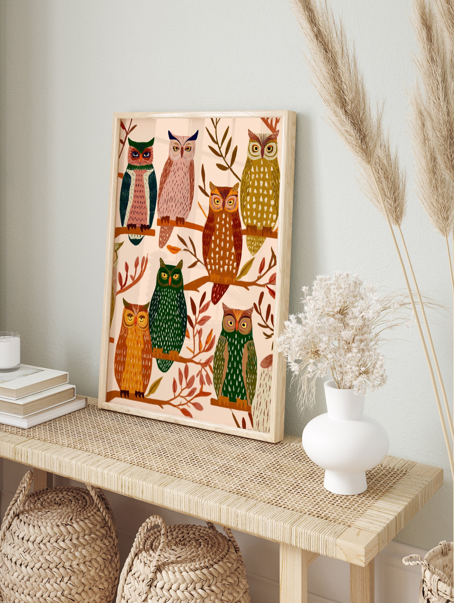 Illustrative print featuring multiple colorful owls perched on branches with autumn leaves on a light background, owl wall art. - Image 3