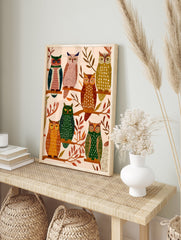 Illustrative print featuring multiple colorful owls perched on branches with autumn leaves on a light background, owl wall art. - Image 3