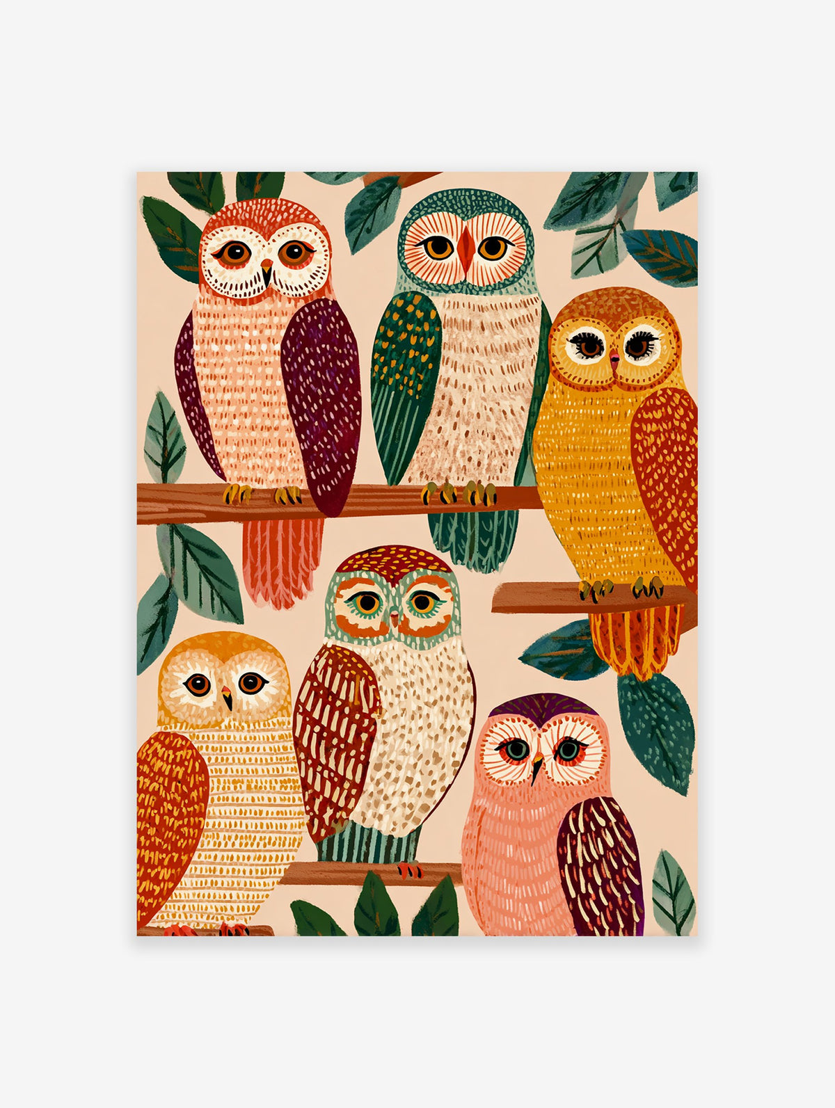 Illustrative Owl Wall Art featuring six colorful owls on tree branches with green leaves against a light background.