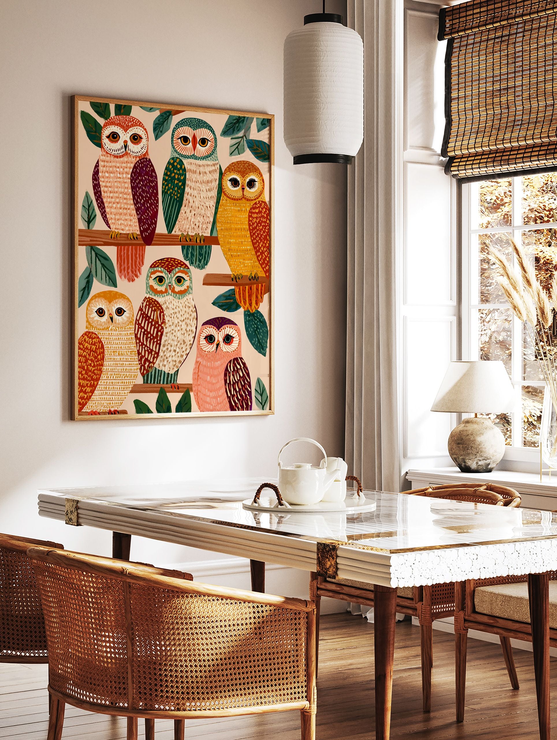 Illustrative Owl Wall Art featuring six colorful owls on tree branches with green leaves against a light background. - Image 2