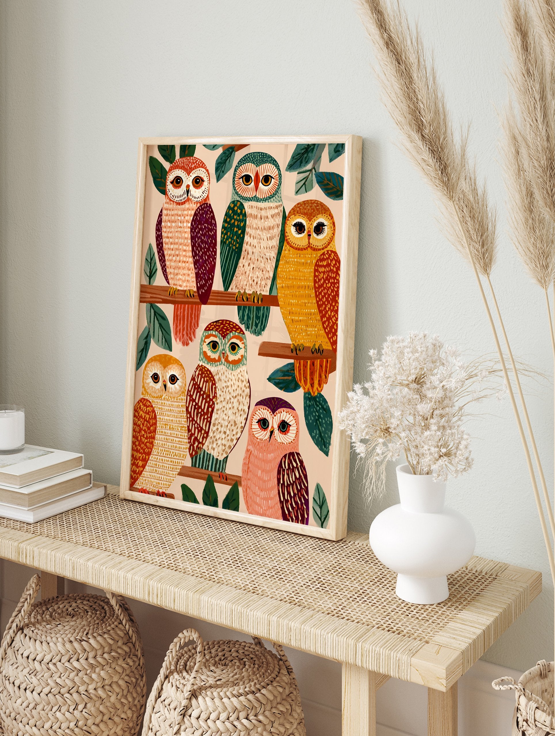 Illustrative Owl Wall Art featuring six colorful owls on tree branches with green leaves against a light background. - Image 3