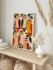 Illustrative Owl Wall Art featuring six colorful owls on tree branches with green leaves against a light background. - Image 3