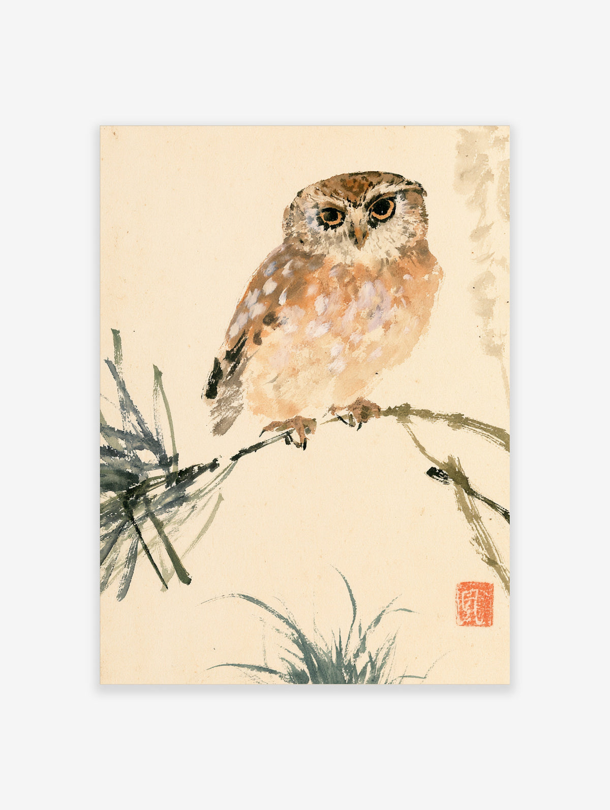 Watercolour owl perched on a branch with brown and cream plumage and a red seal mark