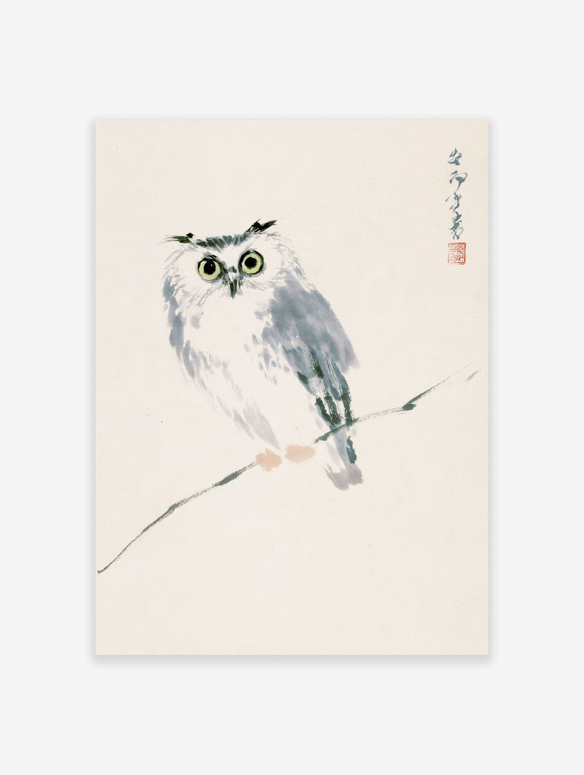 Minimalist owl wall art print in a Japanese ink wash style with soft grey, white, and yellow tones on a white background