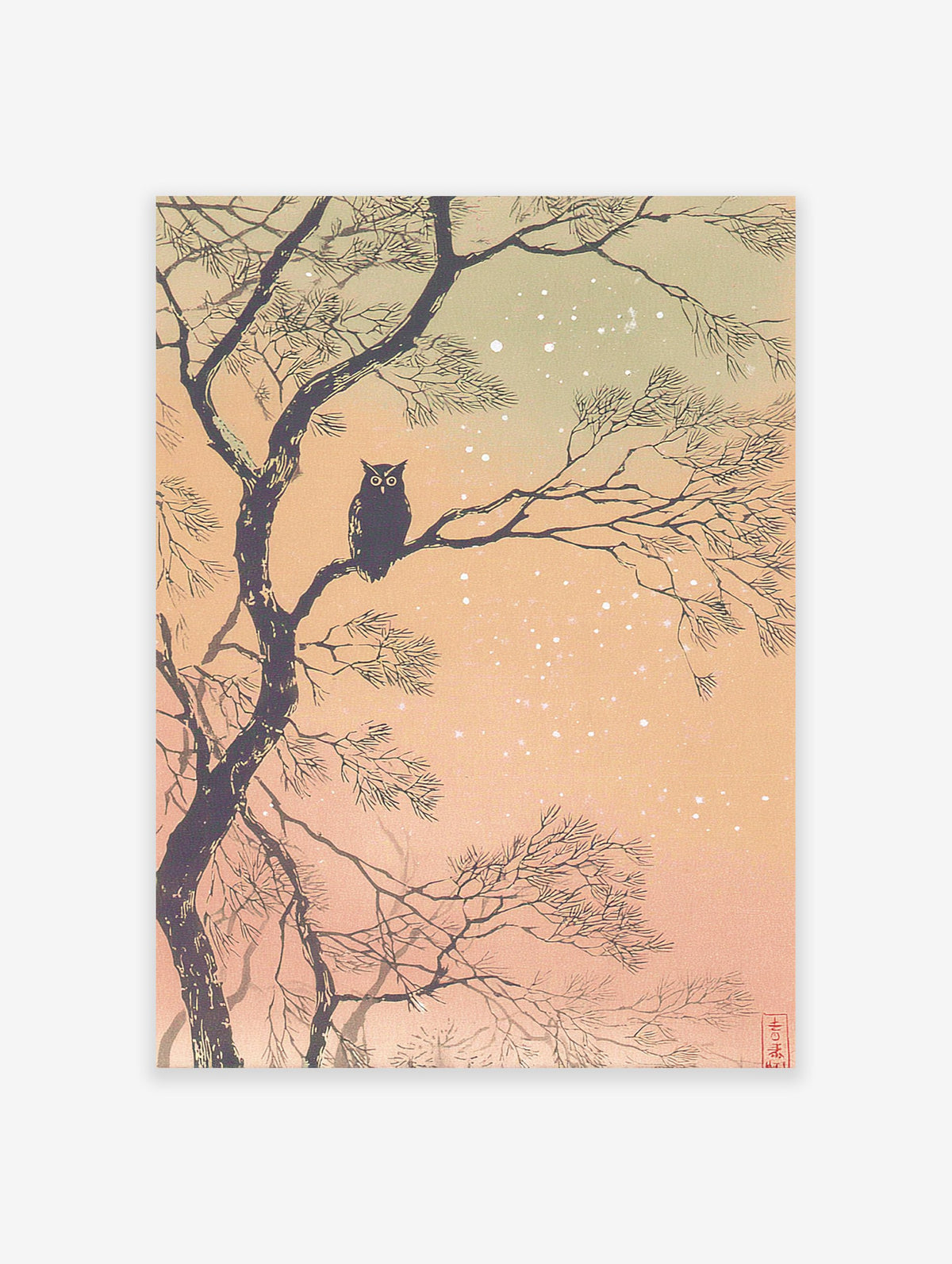 Japanese woodblock print featuring a dark owl perched on a tree branch in a snowy winter landscape, Owl Wall Art.