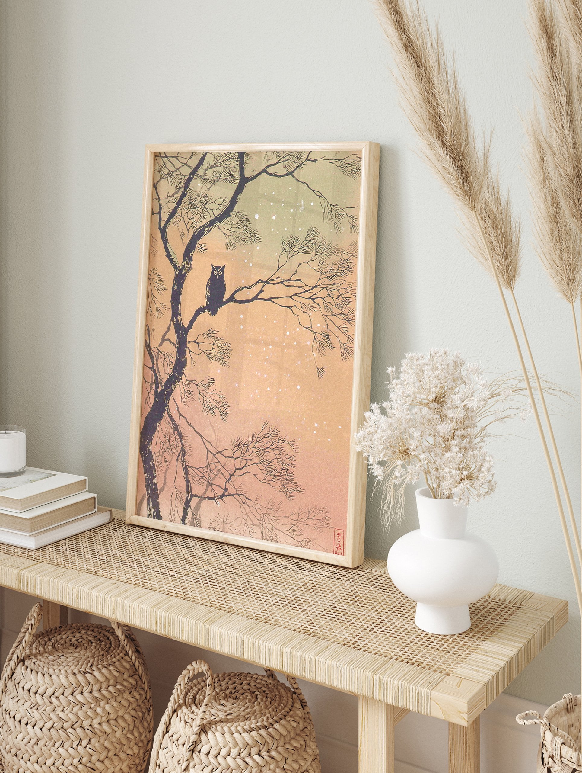 Japanese woodblock print featuring a dark owl perched on a tree branch in a snowy winter landscape, Owl Wall Art. - Image 3