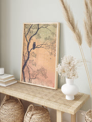 Japanese woodblock print featuring a dark owl perched on a tree branch in a snowy winter landscape, Owl Wall Art. - Image 3