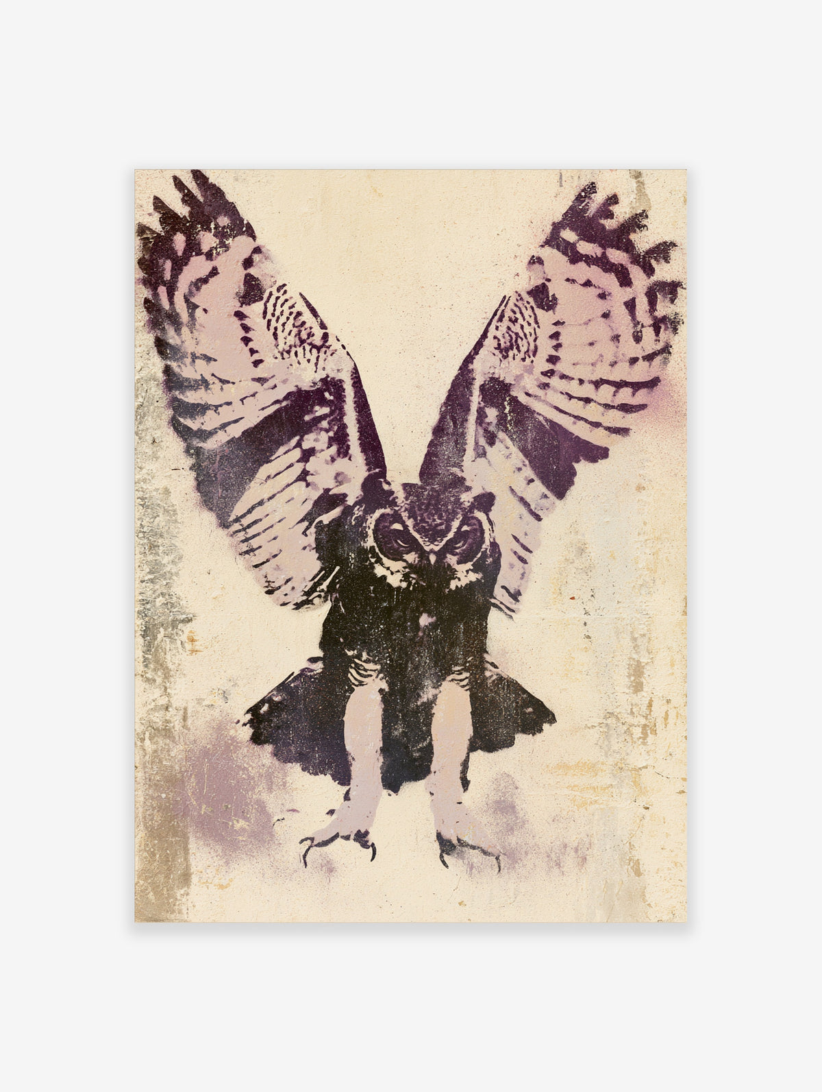 Owl wall art print with wings spread and talons extended in dark purple and cream