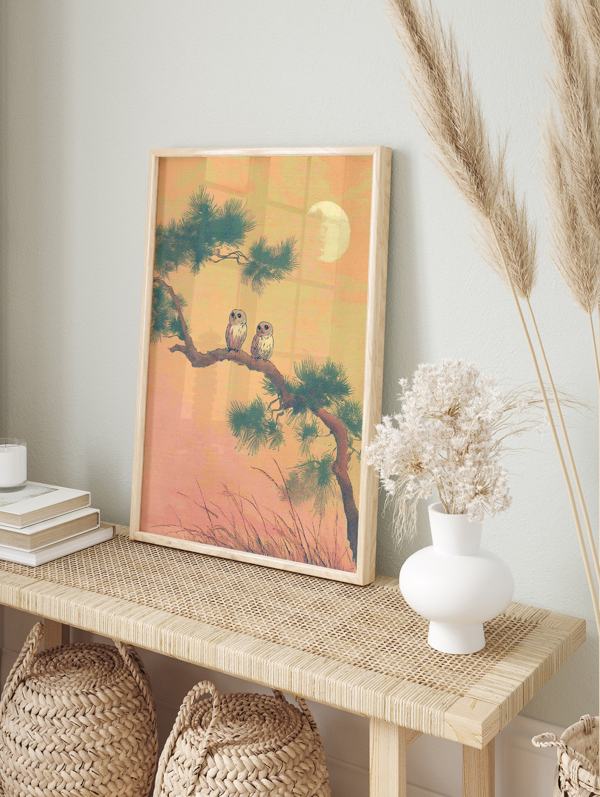Two small owls perch on a pine tree branch under a full moon in a Japanese-style nature print, serene owl wall art. - Image 3