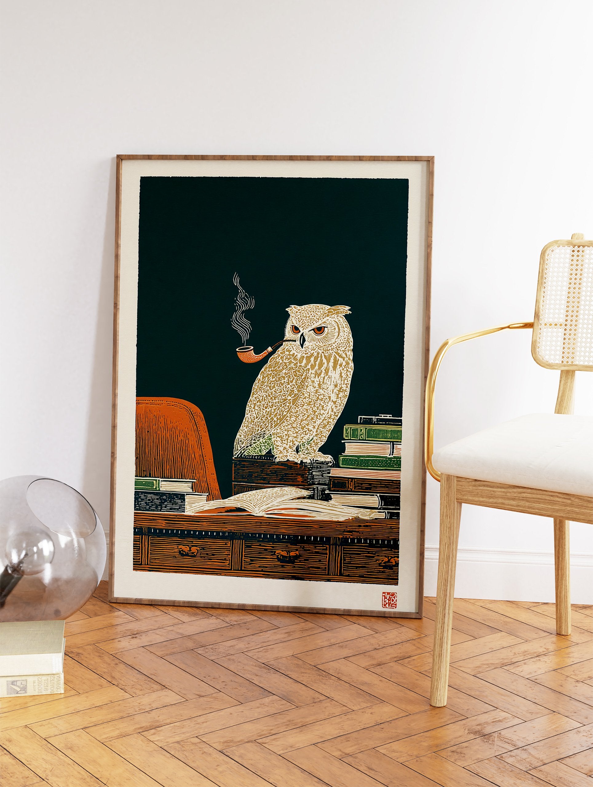 Illustrated owl wall art print of a wise owl with a smoking pipe on a desk with books, in a vintage style. - Image 2