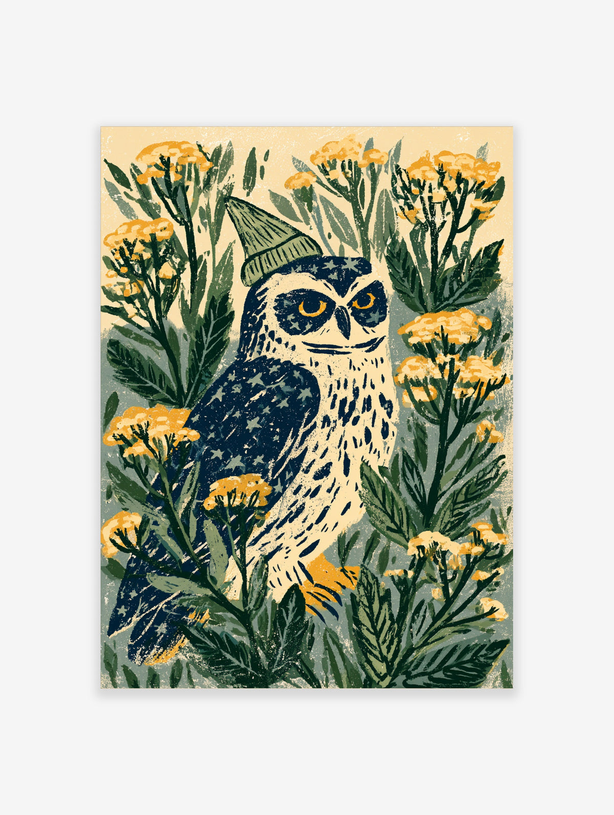 Illustrated owl with starry navy wings, pointed hat, yellow eyes, and yellow flowers on a cream background