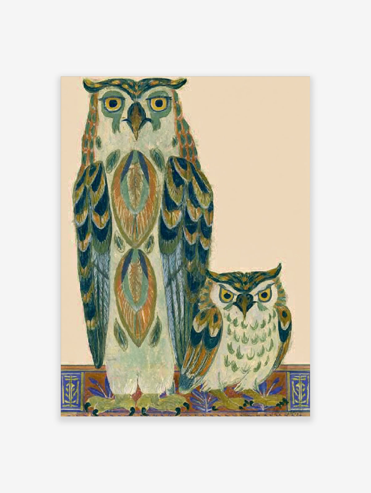Vintage owl art print with two stylised owls in teal and gold on a patterned border