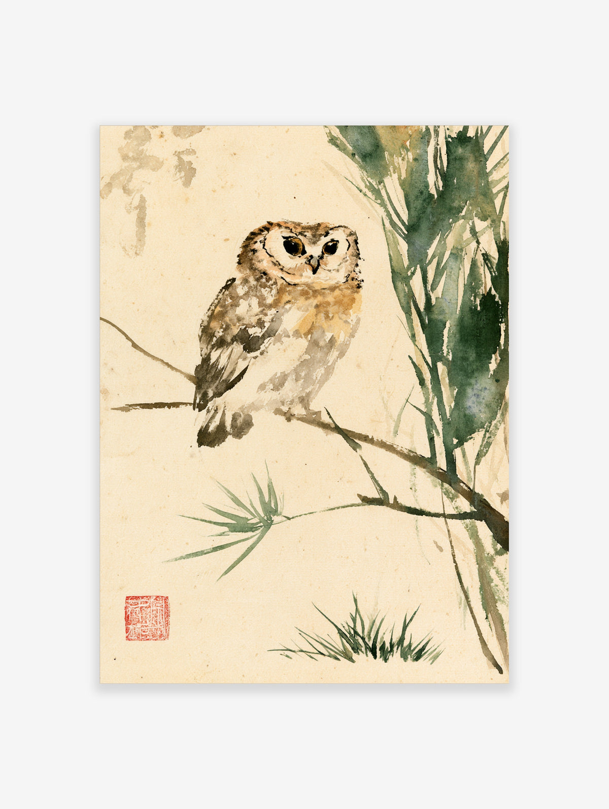 Watercolour owl perched on a branch with green bamboo and grass, Japanese-style bird art print