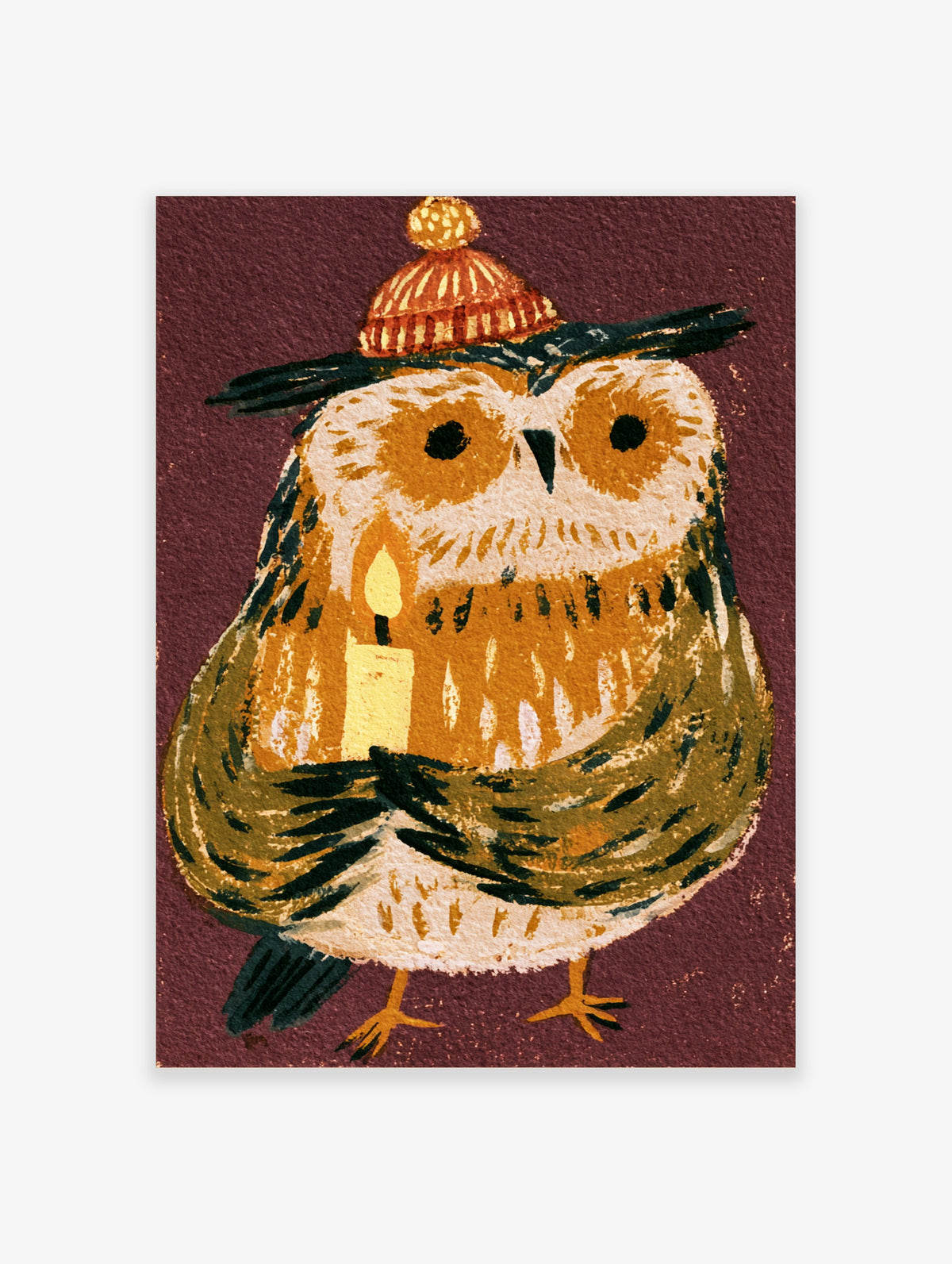 Owl with candle poster, knitted hat, burgundy background, folk art print