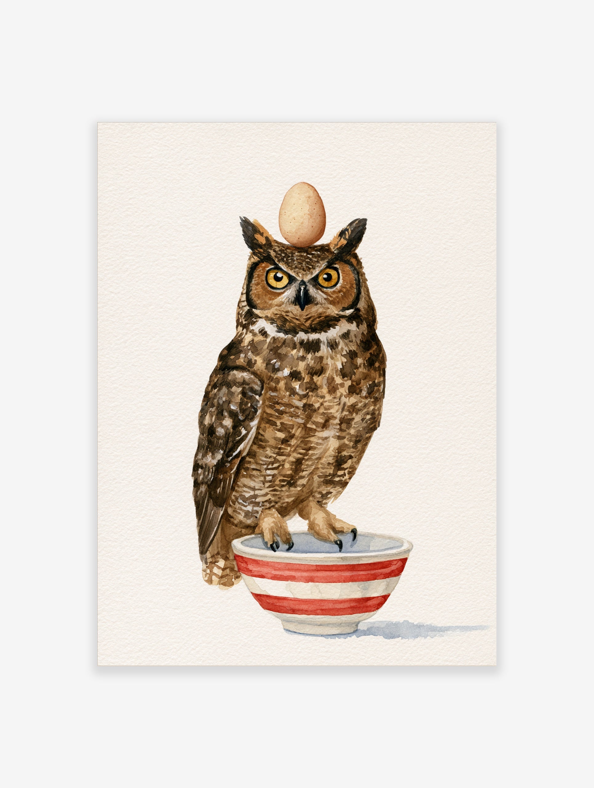 Watercolour illustration of a great horned owl balancing an egg on its head whilst standing in a red and white striped bowl