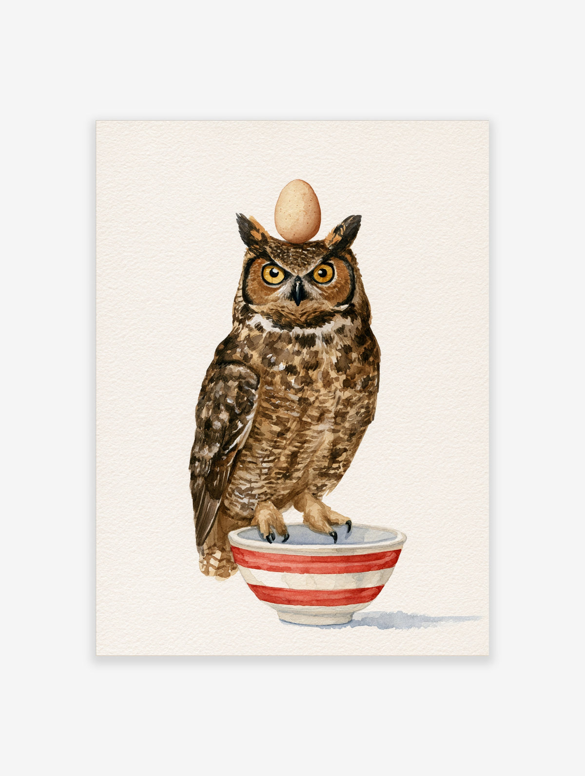 Watercolour illustration of a great horned owl balancing an egg on its head whilst standing in a red and white striped bowl